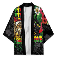 Hawaiian One Love Kimono Reggae Lion Tropical Plants and Kakau with Tribal Pattern LT03 Unisex Black - Polynesian Pride