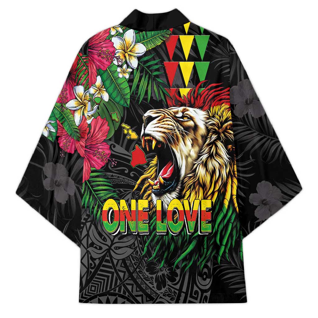 Hawaiian One Love Kimono Reggae Lion Tropical Plants and Kakau with Tribal Pattern LT03 - Polynesian Pride