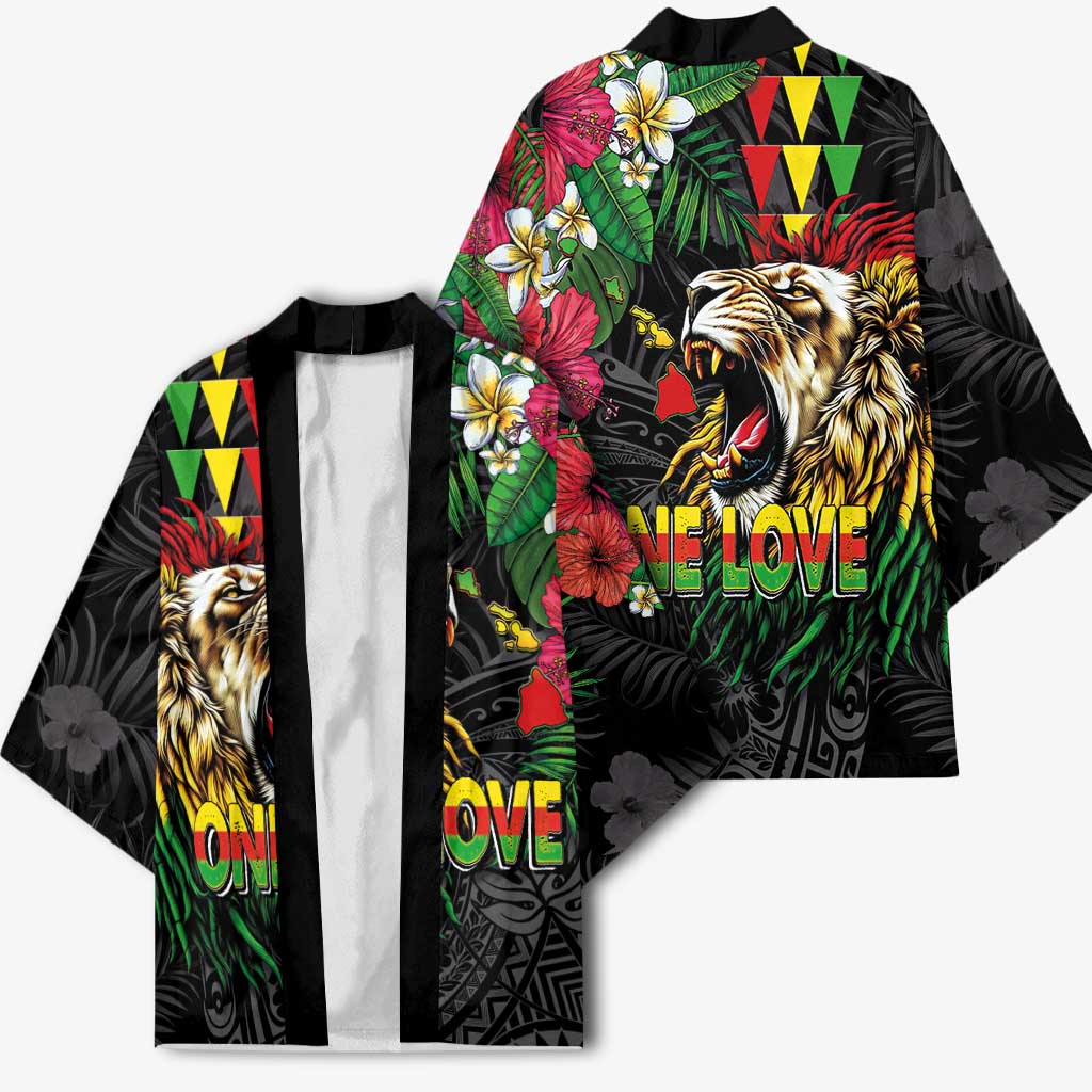 Hawaiian One Love Kimono Reggae Lion Tropical Plants and Kakau with Tribal Pattern LT03 - Polynesian Pride