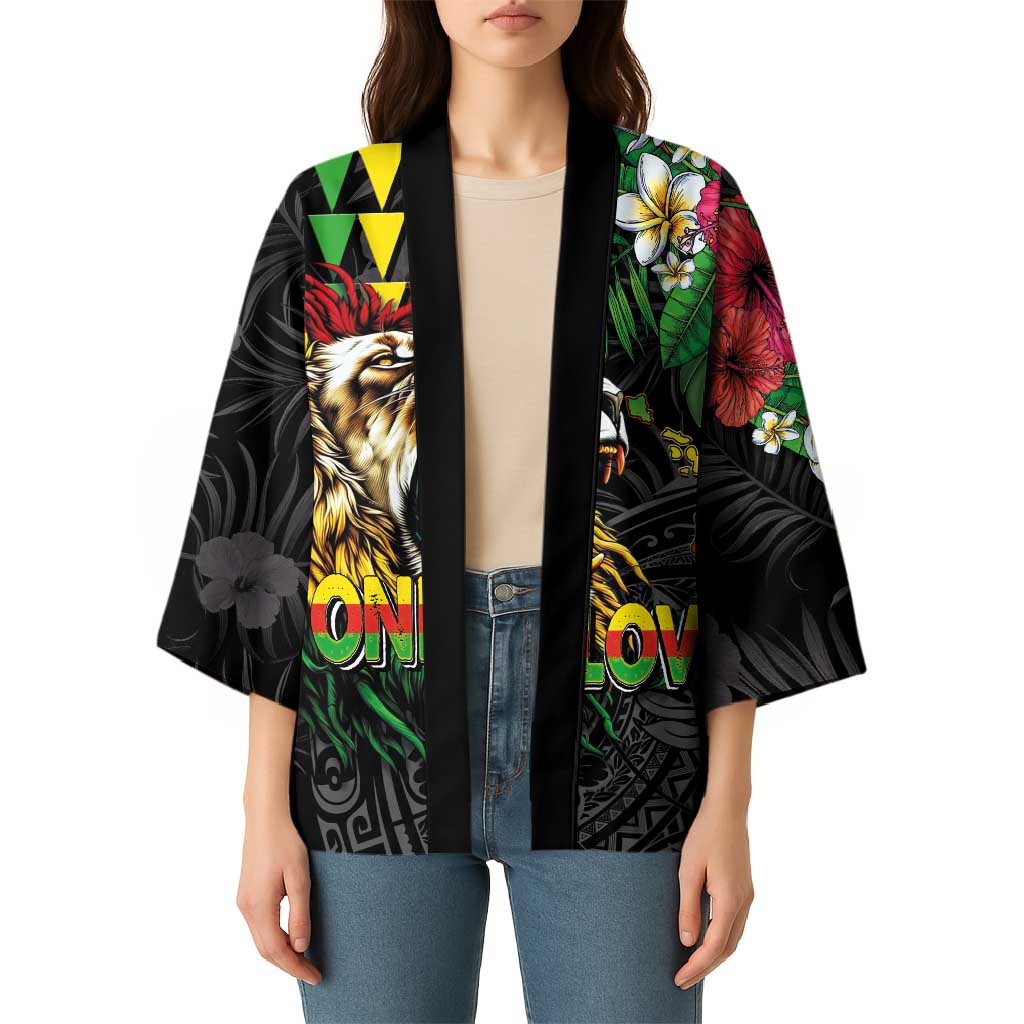 Hawaiian One Love Kimono Reggae Lion Tropical Plants and Kakau with Tribal Pattern LT03 - Polynesian Pride