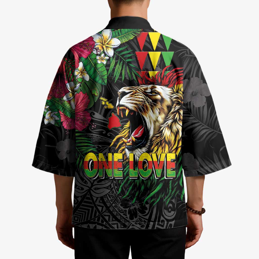 Hawaiian One Love Kimono Reggae Lion Tropical Plants and Kakau with Tribal Pattern LT03 - Polynesian Pride