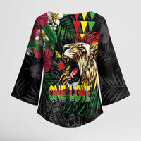 Hawaiian One Love Kimono Sleeve Blouse Reggae Lion Tropical Plants and Kakau with Tribal Pattern LT03 - Polynesian Pride