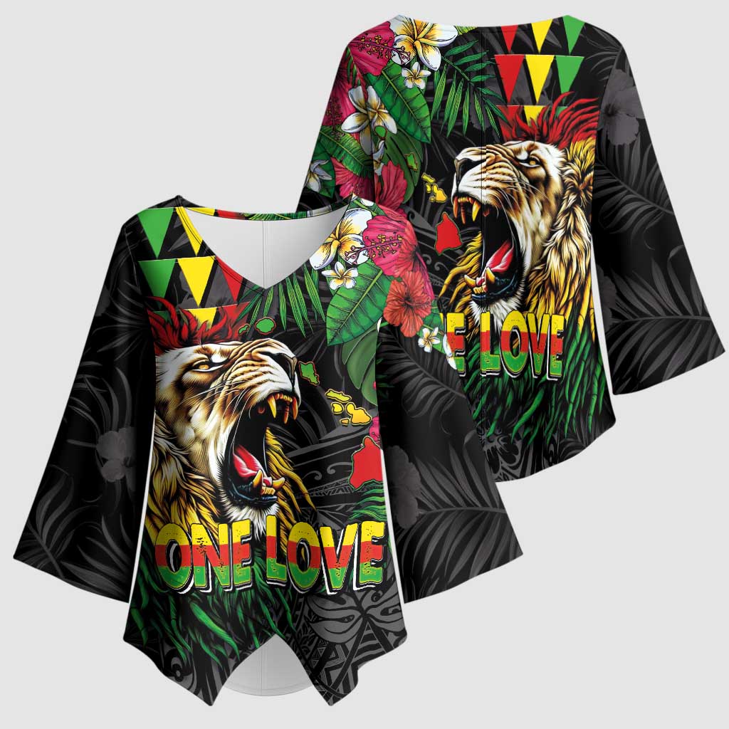 Hawaiian One Love Kimono Sleeve Blouse Reggae Lion Tropical Plants and Kakau with Tribal Pattern LT03 - Polynesian Pride