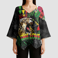 Hawaiian One Love Kimono Sleeve Blouse Reggae Lion Tropical Plants and Kakau with Tribal Pattern LT03 - Polynesian Pride