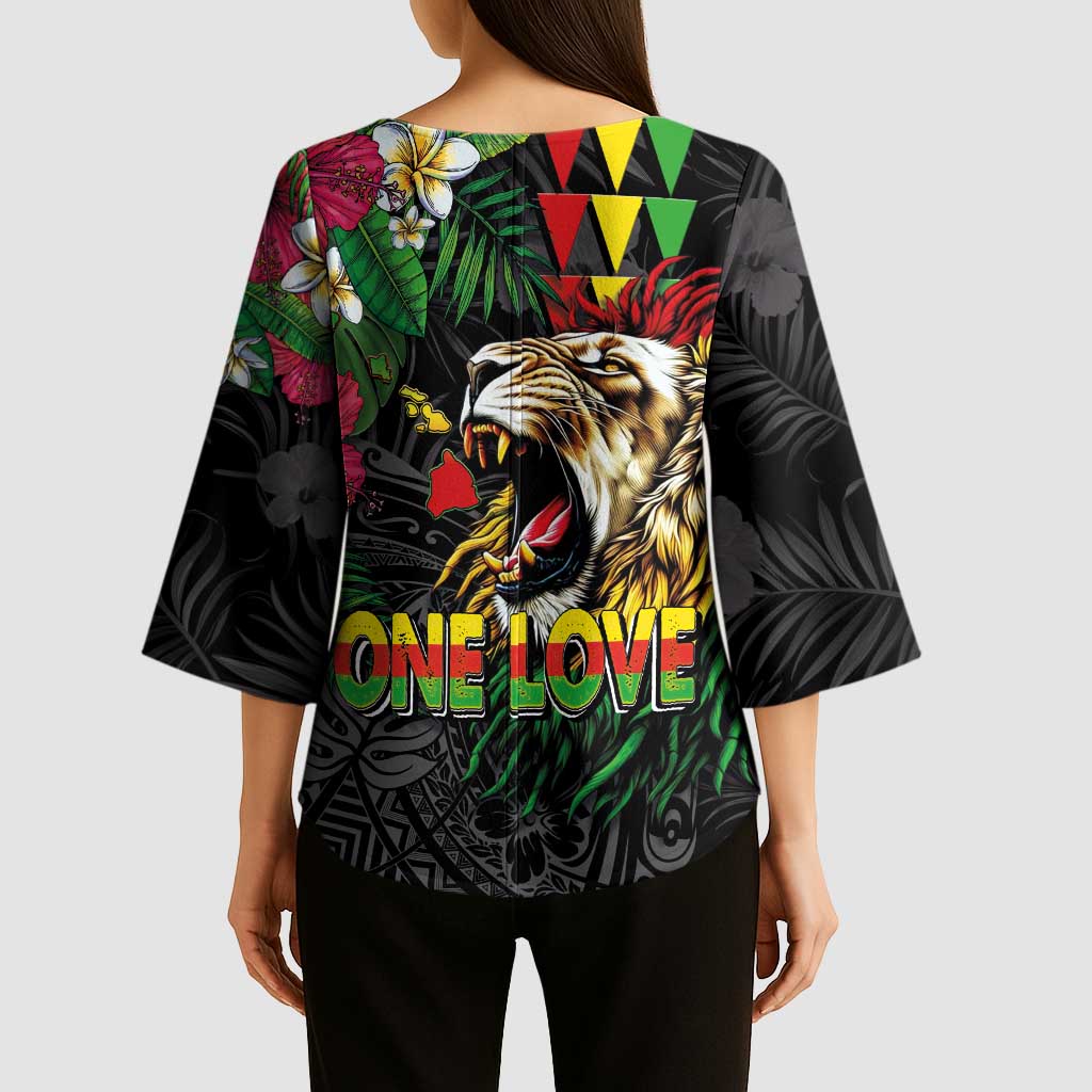 Hawaiian One Love Kimono Sleeve Blouse Reggae Lion Tropical Plants and Kakau with Tribal Pattern LT03 - Polynesian Pride