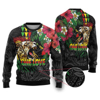 Hawaiian One Love Ugly Christmas Sweater Reggae Lion Tropical Plants and Kakau with Tribal Pattern LT03 Black - Polynesian Pride