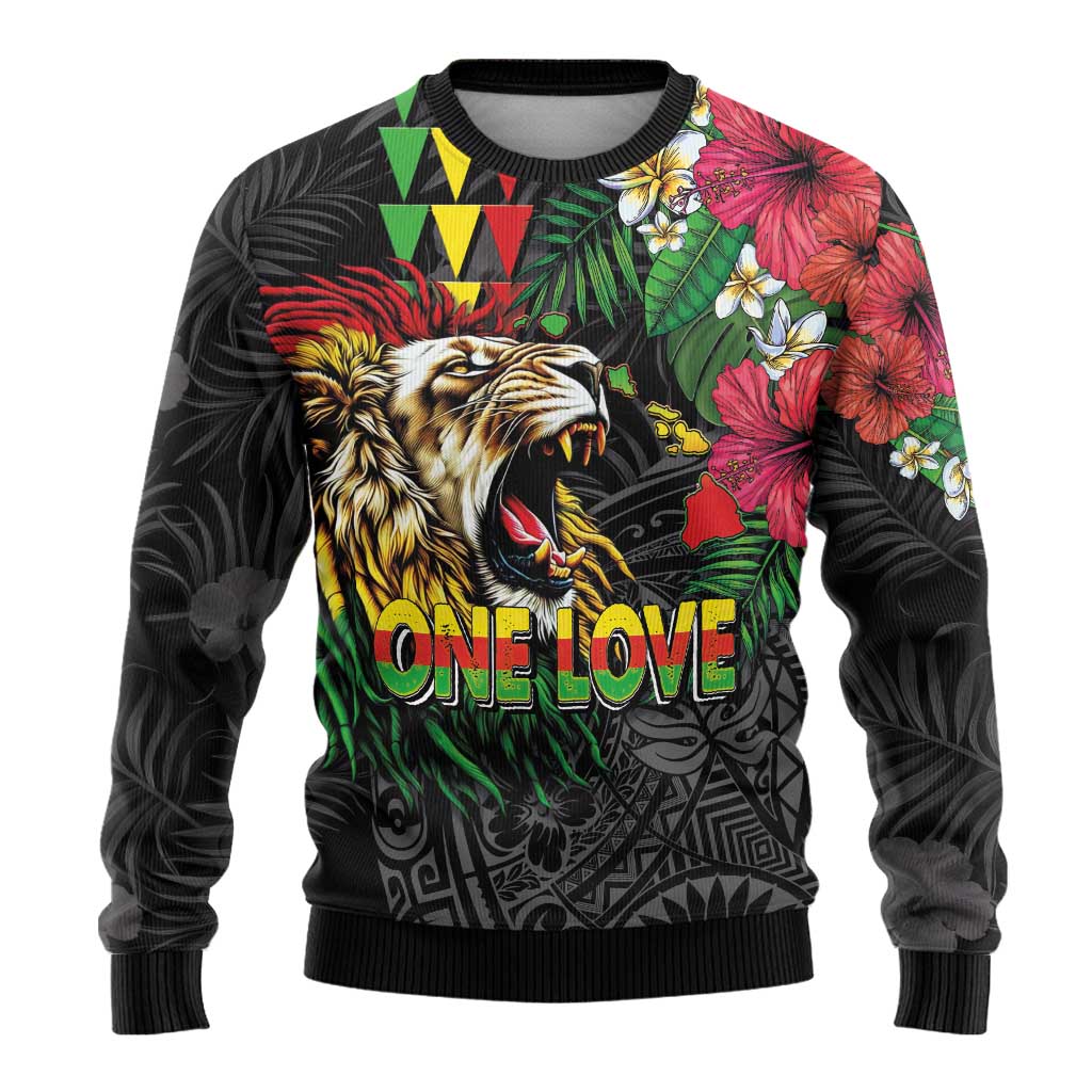 Hawaiian One Love Ugly Christmas Sweater Reggae Lion Tropical Plants and Kakau with Tribal Pattern LT03 - Polynesian Pride