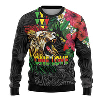 Hawaiian One Love Ugly Christmas Sweater Reggae Lion Tropical Plants and Kakau with Tribal Pattern LT03 - Polynesian Pride