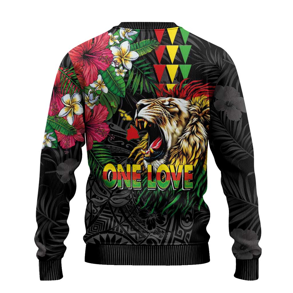 Hawaiian One Love Ugly Christmas Sweater Reggae Lion Tropical Plants and Kakau with Tribal Pattern LT03 - Polynesian Pride