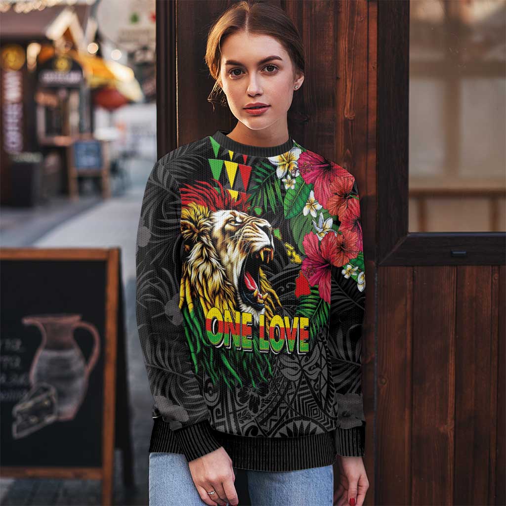 Hawaiian One Love Ugly Christmas Sweater Reggae Lion Tropical Plants and Kakau with Tribal Pattern LT03 - Polynesian Pride