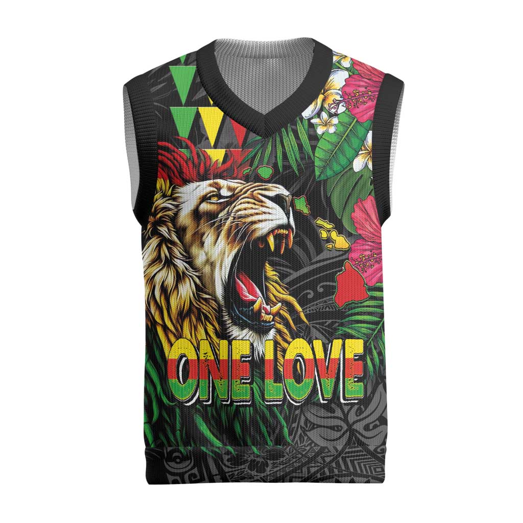 Hawaiian One Love Christmas Knitted V-Neck Vest Reggae Lion Tropical Plants and Kakau with Tribal Pattern LT03 Black - Polynesian Pride