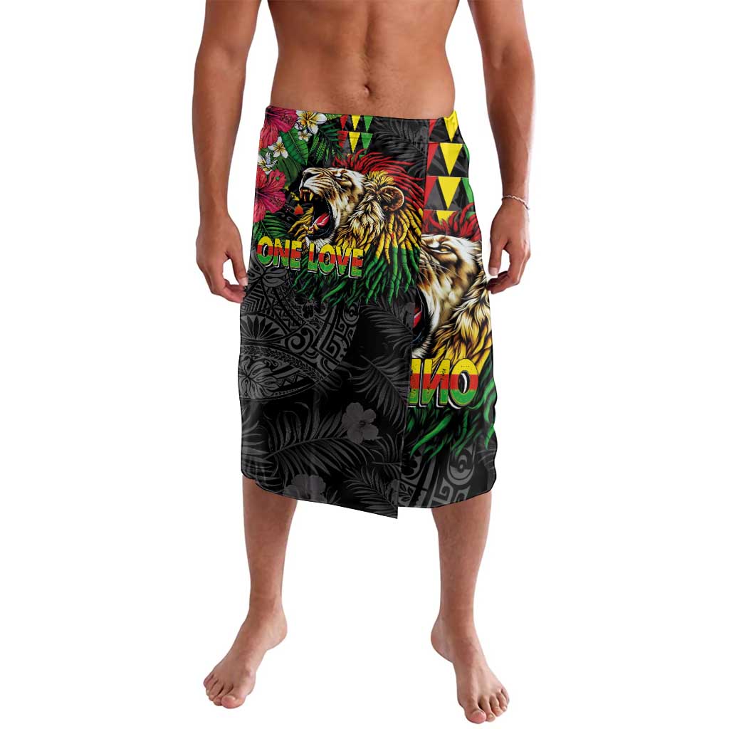 Hawaiian One Love Lavalava Reggae Lion Tropical Plants and Kakau with Tribal Pattern LT03 Black - Polynesian Pride