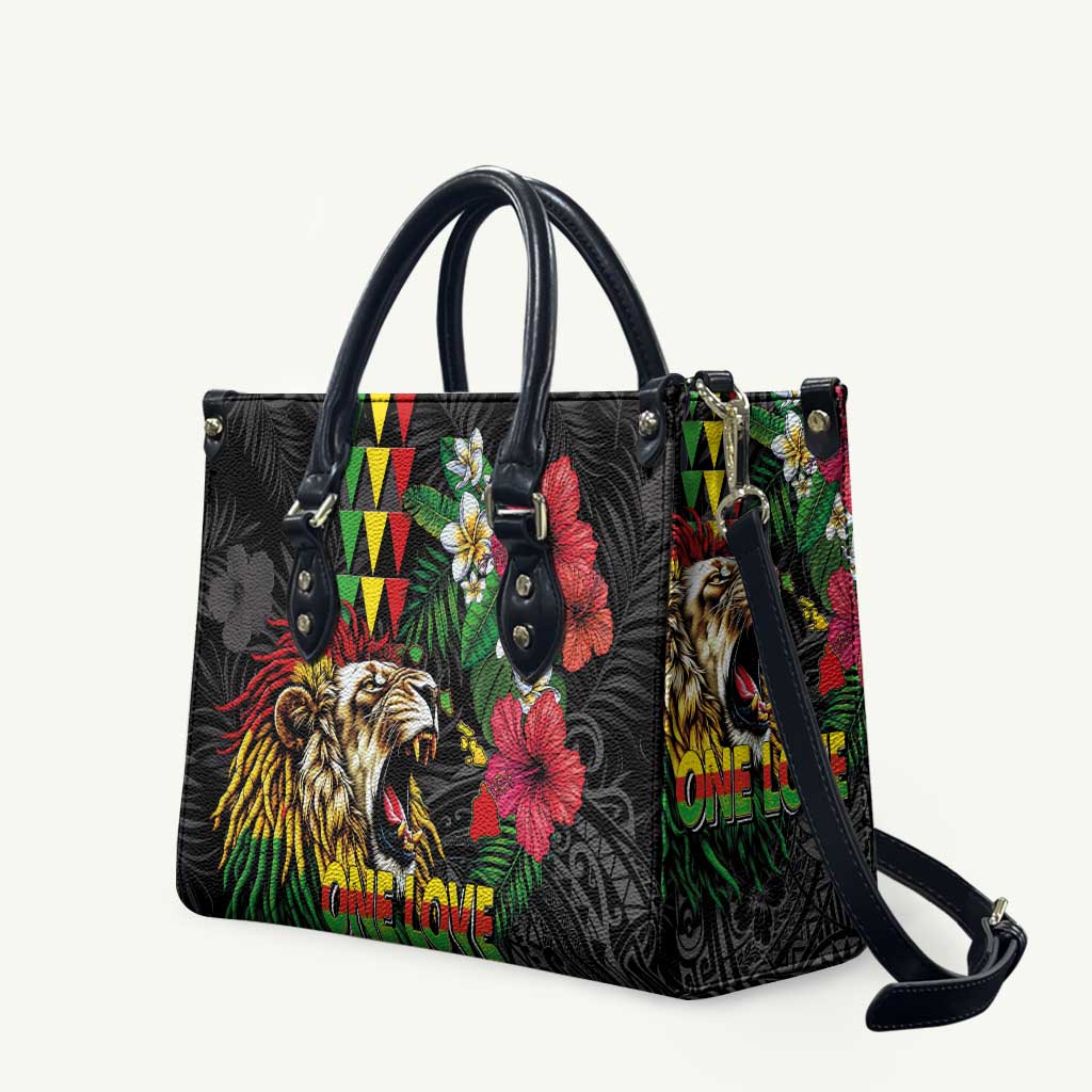 Hawaiian One Love Leather Bag Reggae Lion Tropical Plants and Kakau with Tribal Pattern