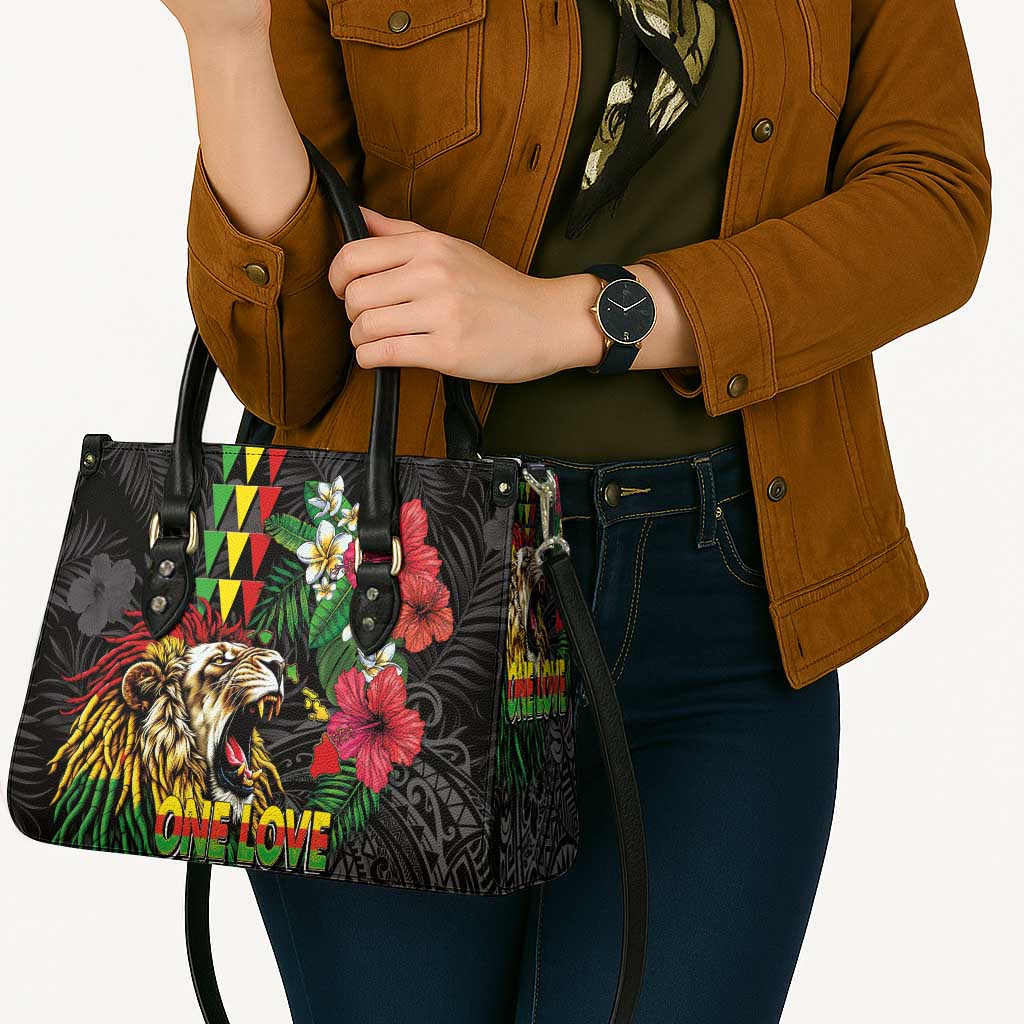 Hawaiian One Love Leather Bag Reggae Lion Tropical Plants and Kakau with Tribal Pattern