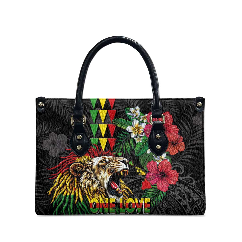 Hawaiian One Love Leather Bag Reggae Lion Tropical Plants and Kakau with Tribal Pattern