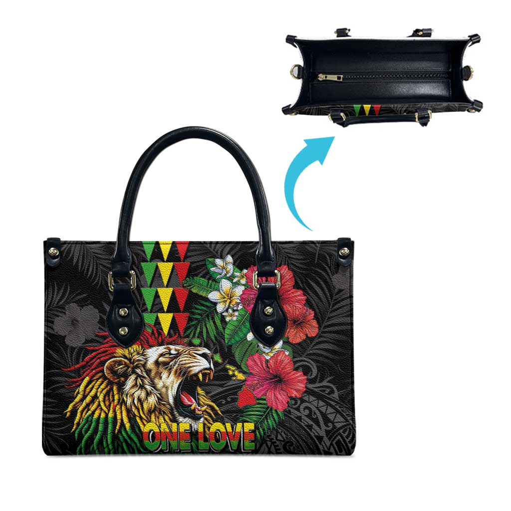 Hawaiian One Love Leather Bag Reggae Lion Tropical Plants and Kakau with Tribal Pattern