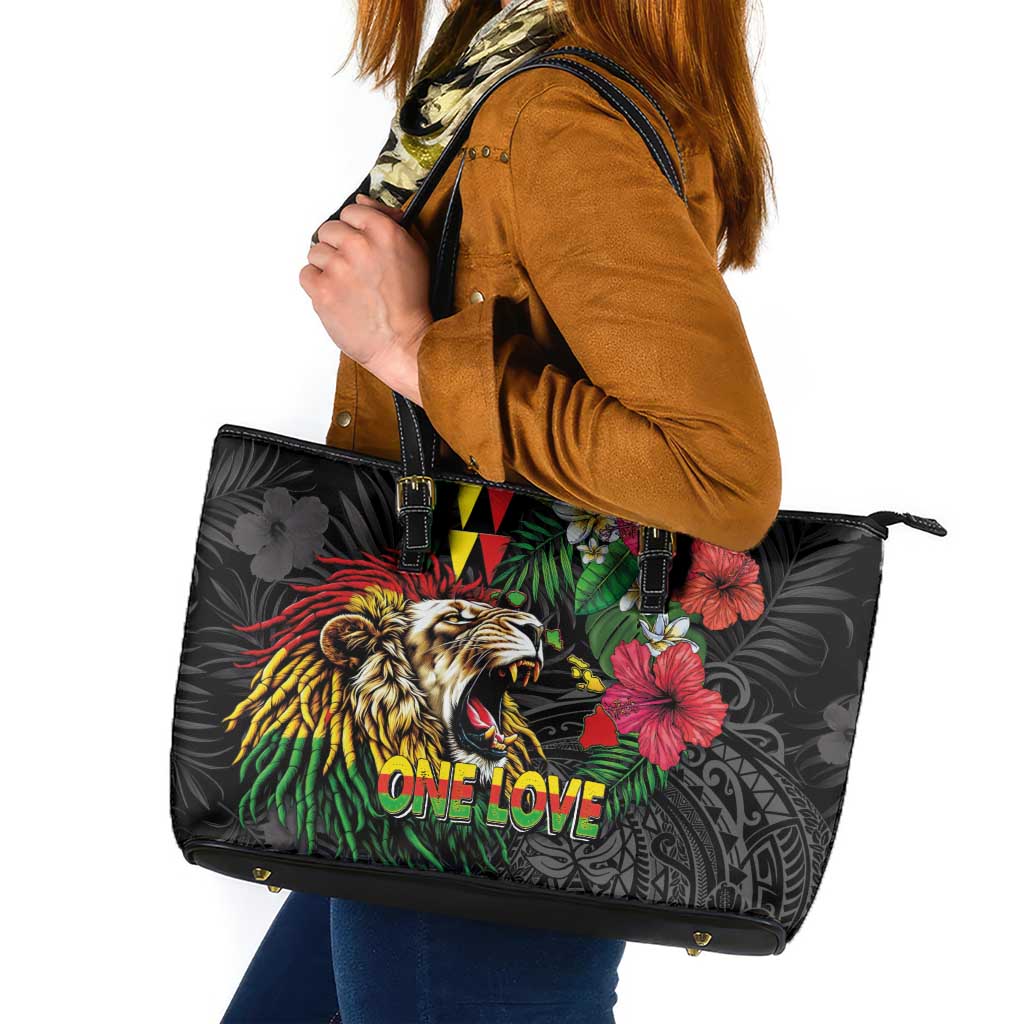 Hawaiian One Love Leather Tote Bag Reggae Lion Tropical Plants and Kakau with Tribal Pattern LT03 Black - Polynesian Pride
