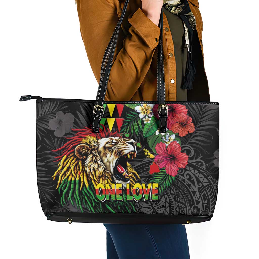 Hawaiian One Love Leather Tote Bag Reggae Lion Tropical Plants and Kakau with Tribal Pattern LT03 - Polynesian Pride