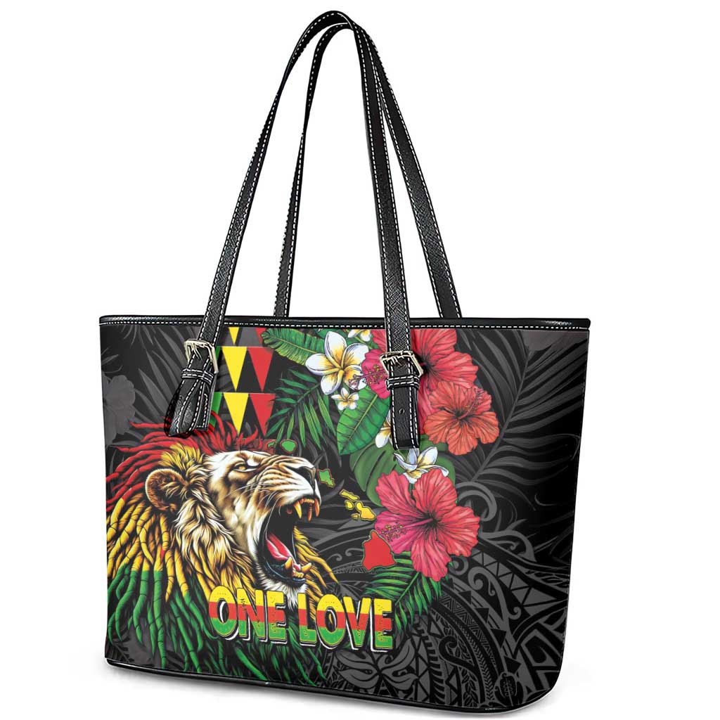 Hawaiian One Love Leather Tote Bag Reggae Lion Tropical Plants and Kakau with Tribal Pattern LT03 - Polynesian Pride