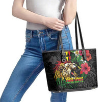 Hawaiian One Love Leather Tote Bag Reggae Lion Tropical Plants and Kakau with Tribal Pattern LT03 - Polynesian Pride