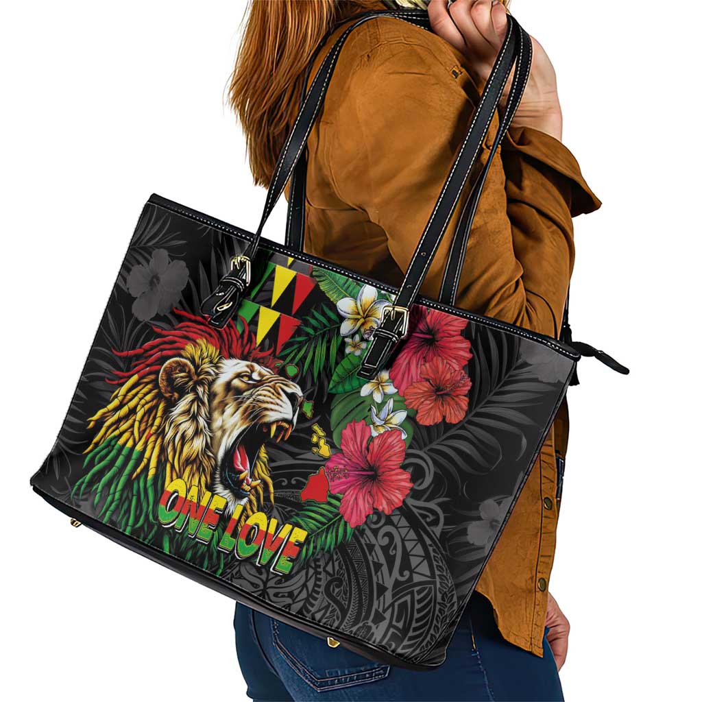 Hawaiian One Love Leather Tote Bag Reggae Lion Tropical Plants and Kakau with Tribal Pattern LT03 - Polynesian Pride