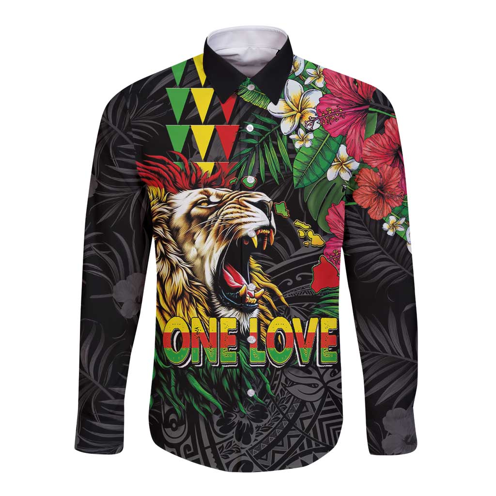 Hawaiian One Love Long Sleeve Button Shirt Reggae Lion Tropical Plants and Kakau with Tribal Pattern LT03 Unisex Black - Polynesian Pride