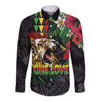 Hawaiian One Love Long Sleeve Button Shirt Reggae Lion Tropical Plants and Kakau with Tribal Pattern LT03 Unisex Black - Polynesian Pride