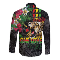 Hawaiian One Love Long Sleeve Button Shirt Reggae Lion Tropical Plants and Kakau with Tribal Pattern LT03 - Polynesian Pride