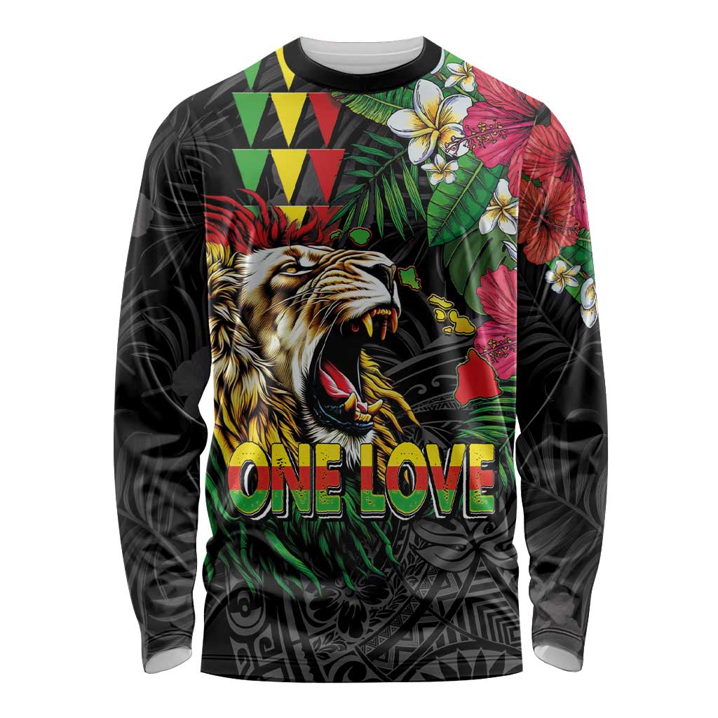 Hawaiian One Love Long Sleeve Shirt Reggae Lion Tropical Plants and Kakau with Tribal Pattern LT03 Unisex Black - Polynesian Pride