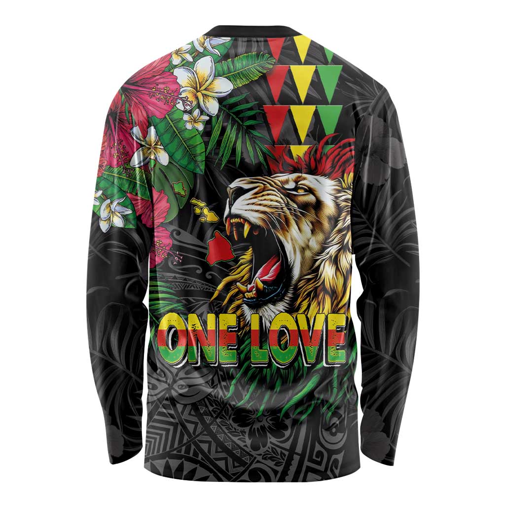 Hawaiian One Love Long Sleeve Shirt Reggae Lion Tropical Plants and Kakau with Tribal Pattern LT03 - Polynesian Pride
