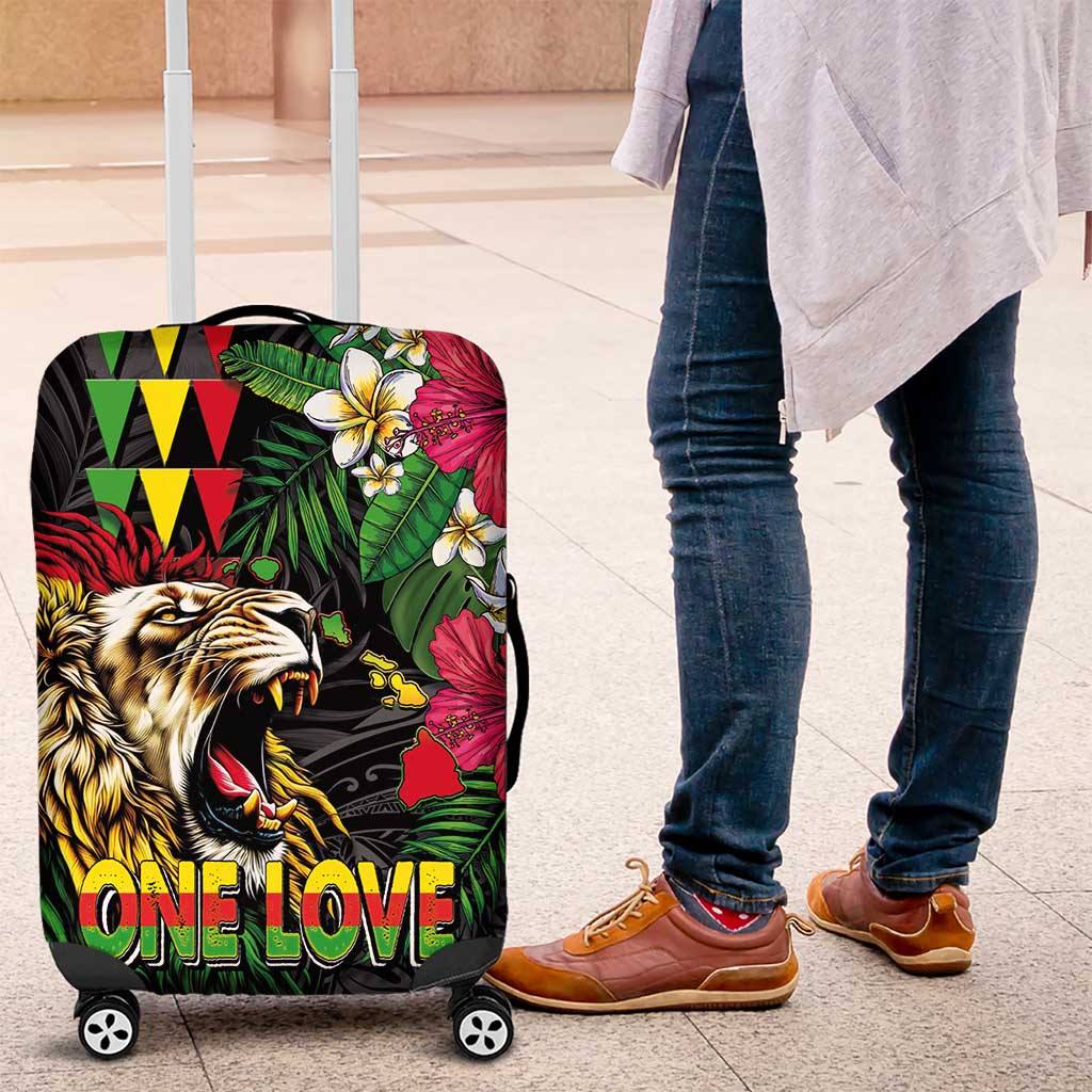 Hawaiian One Love Luggage Cover Reggae Lion Tropical Plants and Kakau with Tribal Pattern LT03 Black - Polynesian Pride