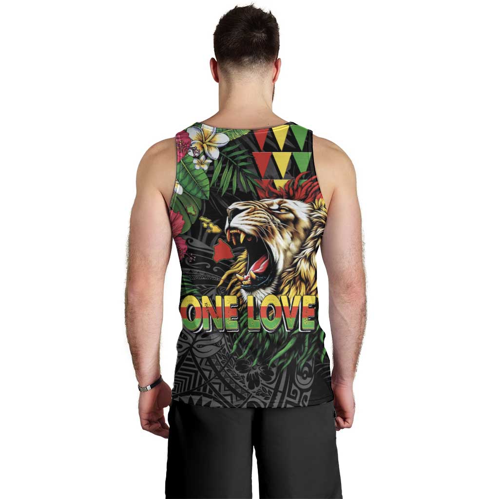 Hawaiian One Love Men Tank Top Reggae Lion Tropical Plants and Kakau with Tribal Pattern LT03 - Polynesian Pride