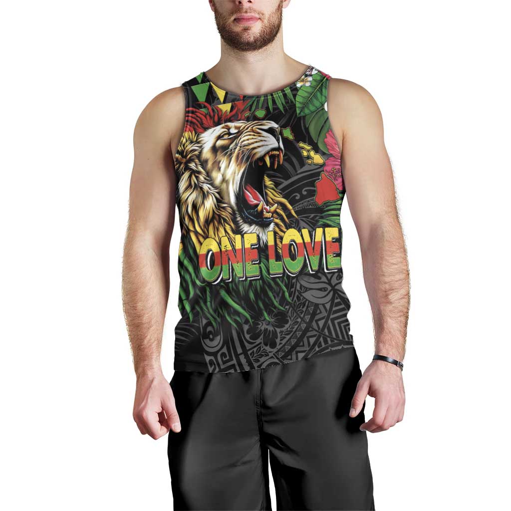 Hawaiian One Love Men Tank Top Reggae Lion Tropical Plants and Kakau with Tribal Pattern LT03 - Polynesian Pride