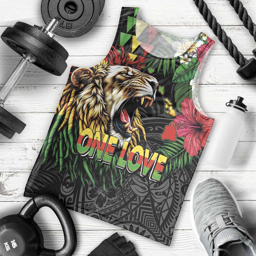 Hawaiian One Love Men Tank Top Reggae Lion Tropical Plants and Kakau with Tribal Pattern LT03 - Polynesian Pride