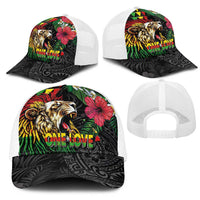 Hawaiian One Love Mesh Trucker Cap Reggae Lion Tropical Plants and Kakau with Tribal Pattern LT03 - Polynesian Pride