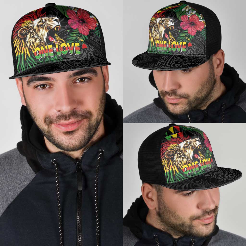 Hawaiian One Love Mesh Trucker Cap Reggae Lion Tropical Plants and Kakau with Tribal Pattern LT03 - Polynesian Pride