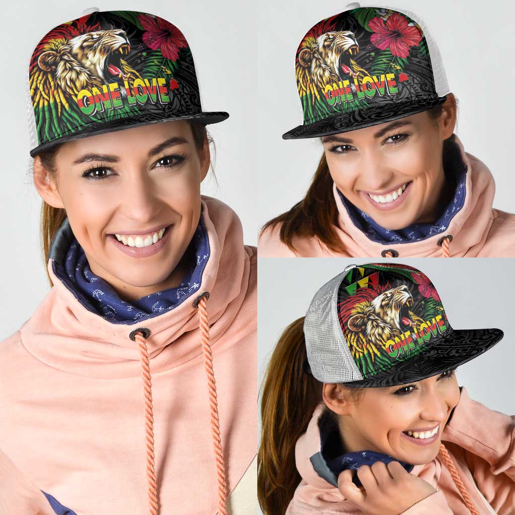 Hawaiian One Love Mesh Trucker Cap Reggae Lion Tropical Plants and Kakau with Tribal Pattern LT03 - Polynesian Pride