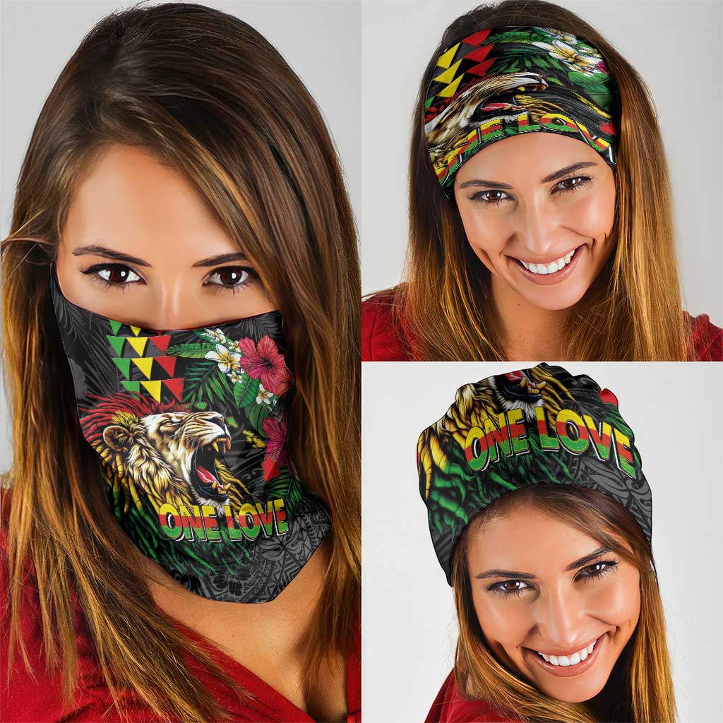 Hawaiian One Love Neck Gaiter Reggae Lion Tropical Plants and Kakau with Tribal Pattern LT03 - Polynesian Pride