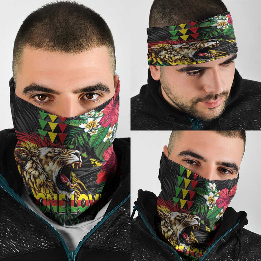 Hawaiian One Love Neck Gaiter Reggae Lion Tropical Plants and Kakau with Tribal Pattern LT03 - Polynesian Pride