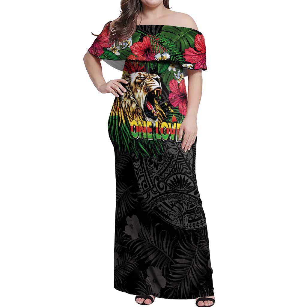 Hawaiian One Love Off Shoulder Maxi Dress Reggae Lion Tropical Plants and Kakau with Tribal Pattern LT03 Women Black - Polynesian Pride