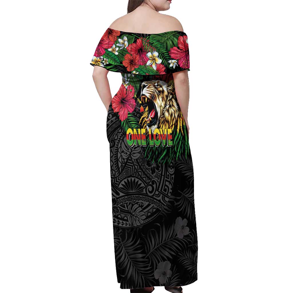 Hawaiian One Love Off Shoulder Maxi Dress Reggae Lion Tropical Plants and Kakau with Tribal Pattern LT03 - Polynesian Pride