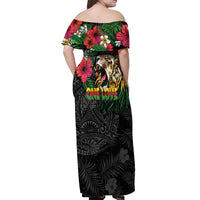 Hawaiian One Love Off Shoulder Maxi Dress Reggae Lion Tropical Plants and Kakau with Tribal Pattern LT03 - Polynesian Pride