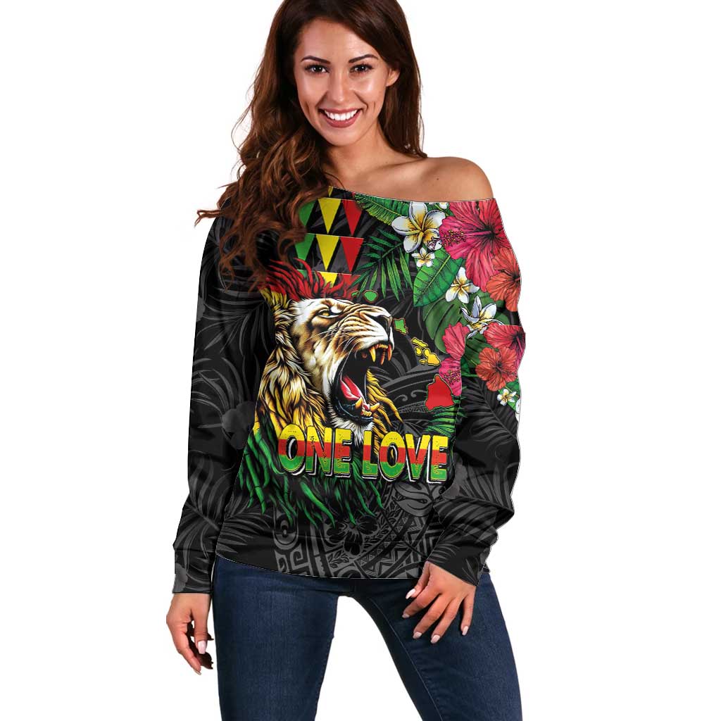 Hawaiian One Love Off Shoulder Sweater Reggae Lion Tropical Plants and Kakau with Tribal Pattern LT03 Women Black - Polynesian Pride