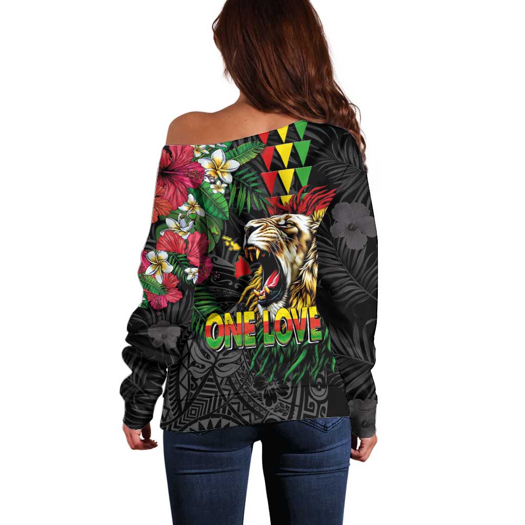 Hawaiian One Love Off Shoulder Sweater Reggae Lion Tropical Plants and Kakau with Tribal Pattern LT03 - Polynesian Pride
