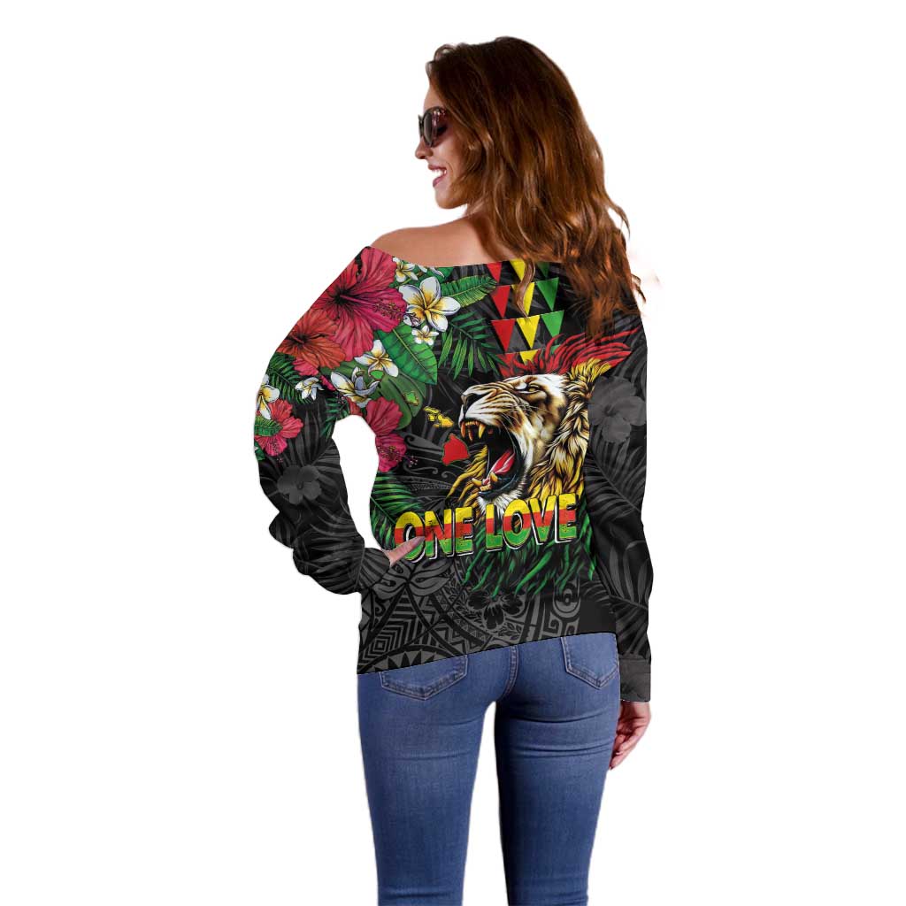 Hawaiian One Love Off Shoulder Sweater Reggae Lion Tropical Plants and Kakau with Tribal Pattern LT03 - Polynesian Pride
