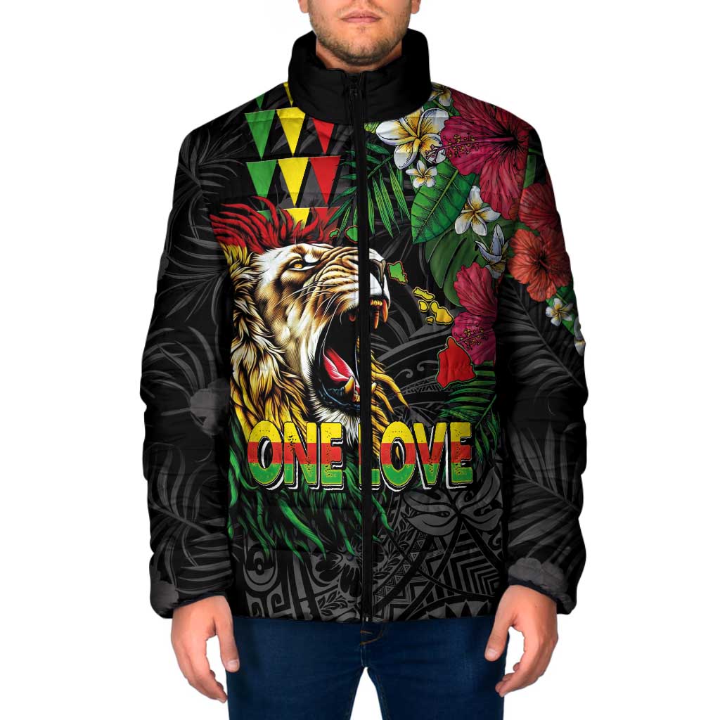 Hawaiian One Love Padded Jacket Reggae Lion Tropical Plants and Kakau with Tribal Pattern