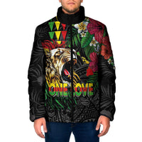 Hawaiian One Love Padded Jacket Reggae Lion Tropical Plants and Kakau with Tribal Pattern
