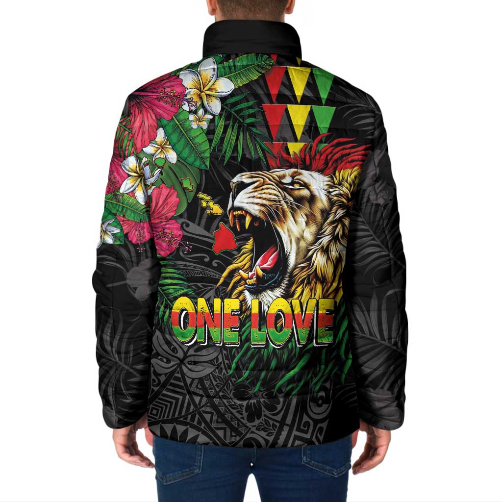 Hawaiian One Love Padded Jacket Reggae Lion Tropical Plants and Kakau with Tribal Pattern