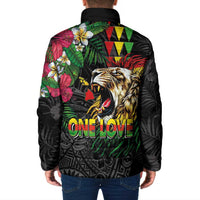 Hawaiian One Love Padded Jacket Reggae Lion Tropical Plants and Kakau with Tribal Pattern