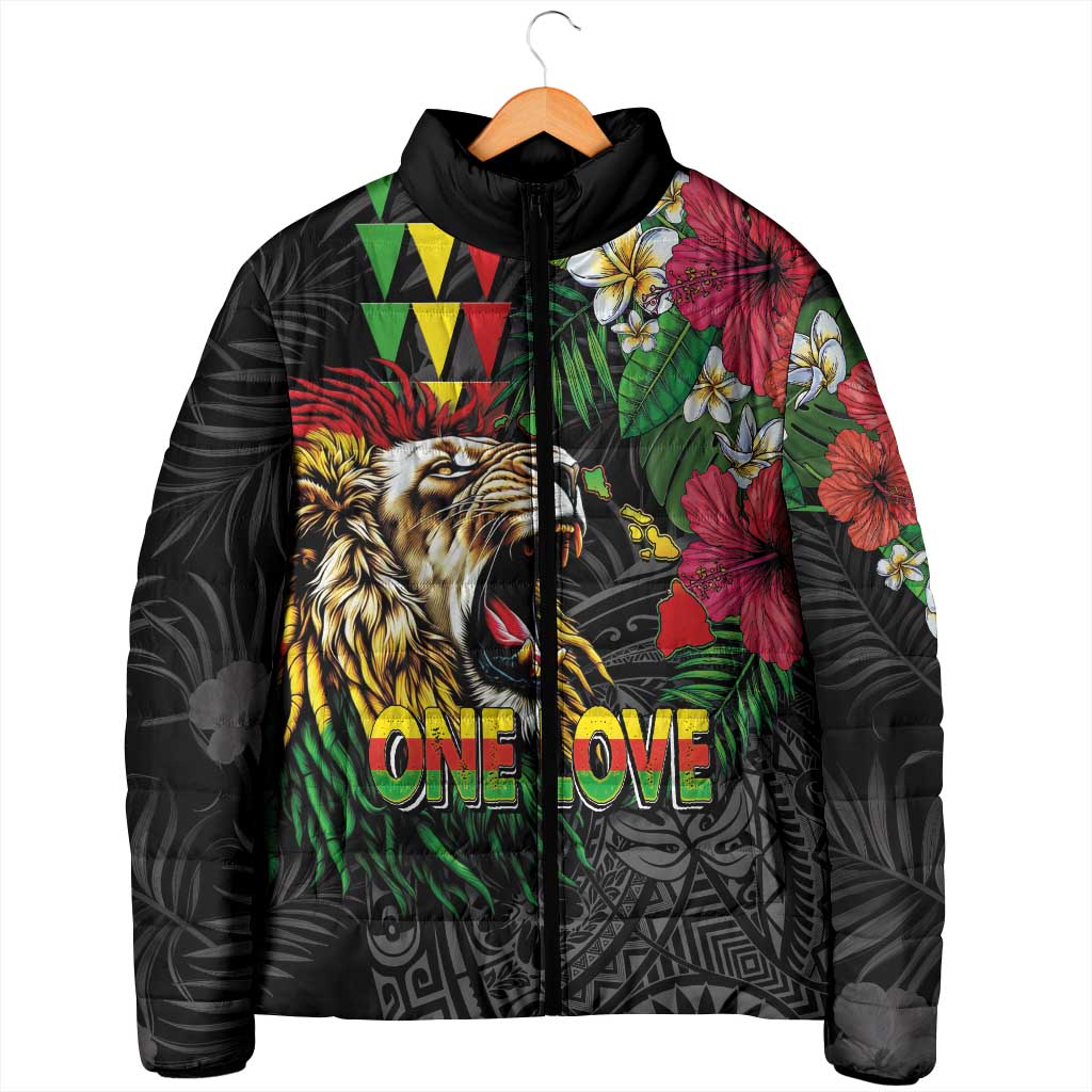 Hawaiian One Love Padded Jacket Reggae Lion Tropical Plants and Kakau with Tribal Pattern